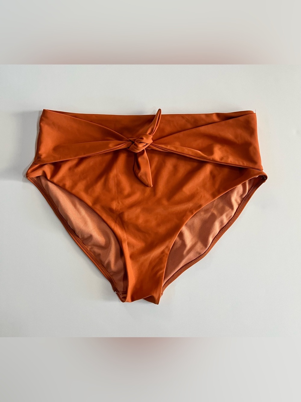 High-Waist Tie Front Bikini Bottom — Rust Orange, size Large